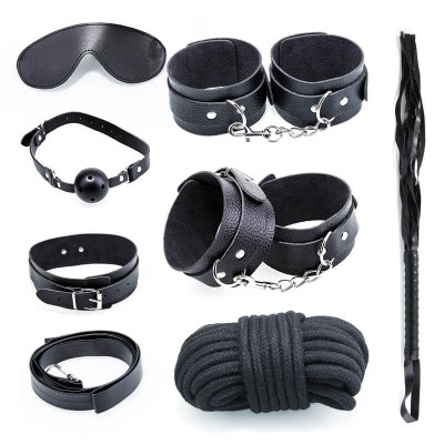 MizzZee - Bondage SM Restraint Set (7 Pieces Set - Black Leather)