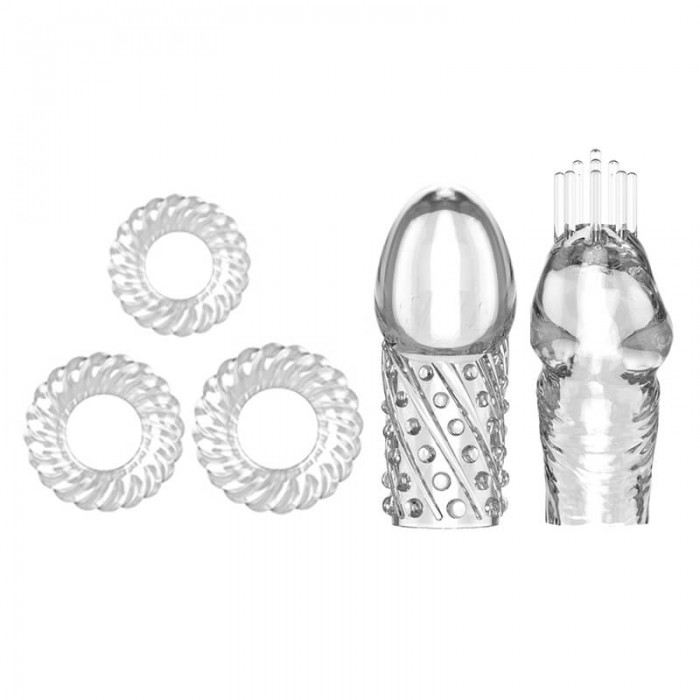 PLEASE ME Delay Glans Sleeve & Cock Rings (Full Set 5 Pieces - Transparent)