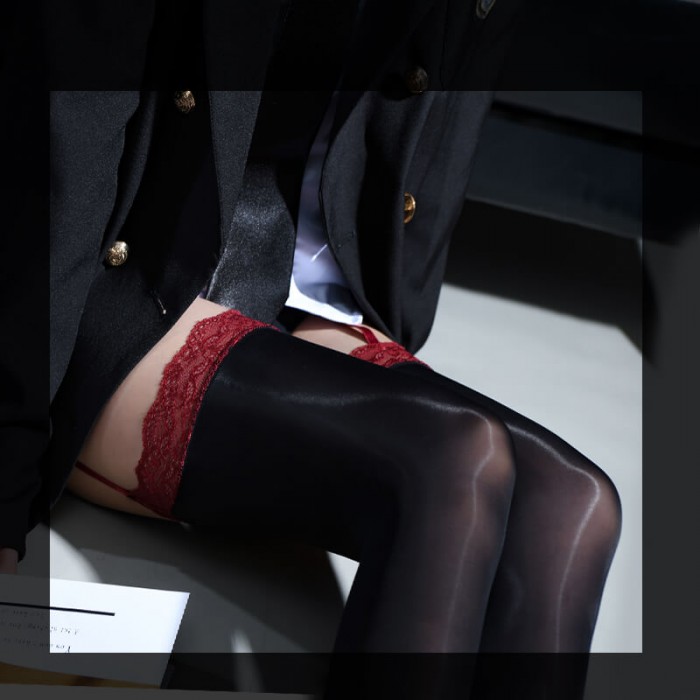 FEE ET MOI - Lace Glossy Waist Suspender Stockings (Red - Black) FEE ET MOI - Lace Glossy Waist Suspender Stockings (Red - Black)