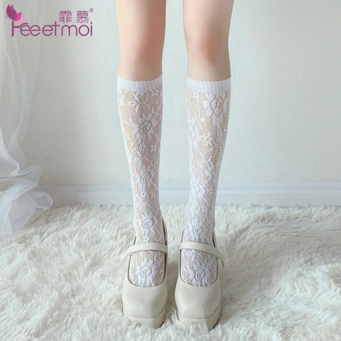 FEE ET MOI Floral Lace JK Knee High Socks (White)