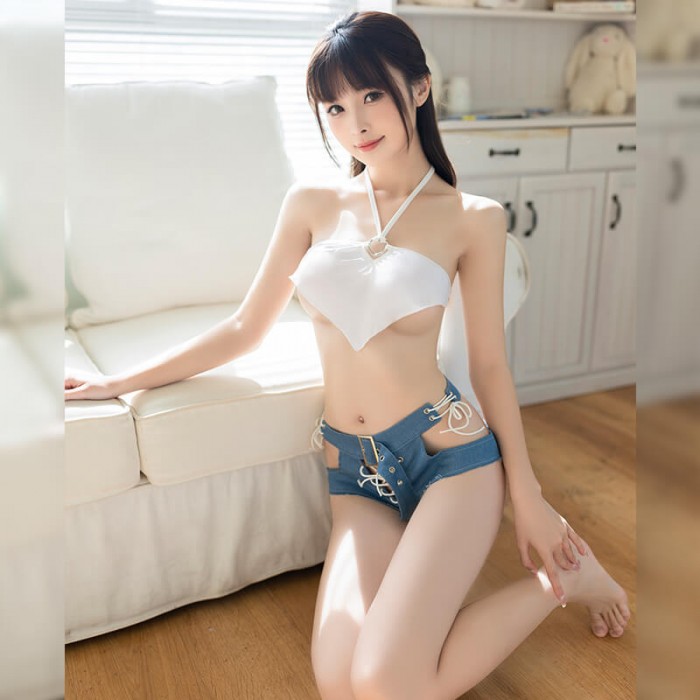 FEE ET MOI - Sexy Strappy Halter Bandage Drawstring (White - Blue) FEE ET MOI - Sexy Strappy Halter Bandage Drawstring (White - Blue)