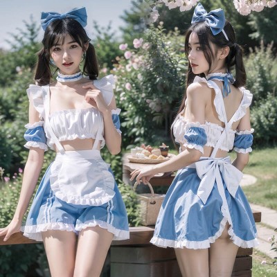FEE ET MOI - Ruched Sweetheart Maid Outfit With Stockings (Blue - White)