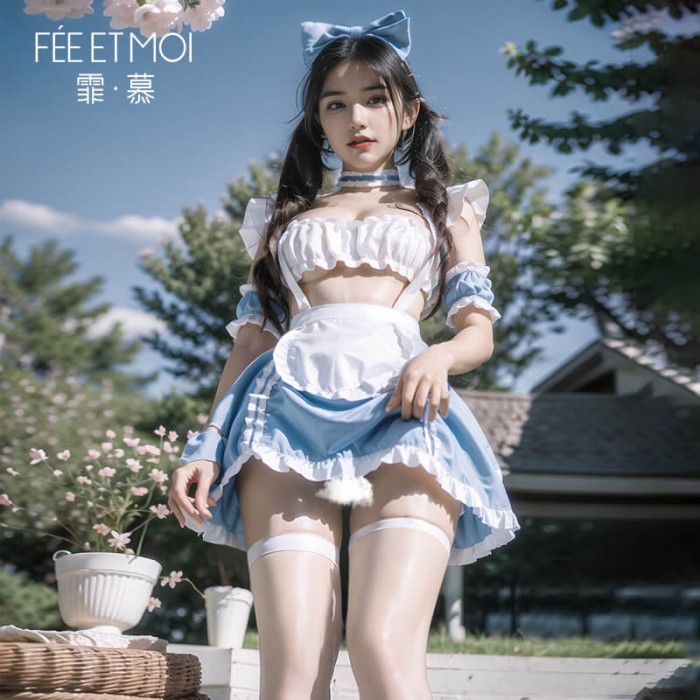 FEE ET MOI - Ruched Sweetheart Maid Outfit With Stockings (Blue - White) FEE ET MOI - Ruched Sweetheart Maid Outfit With Stockings (Blue - White)