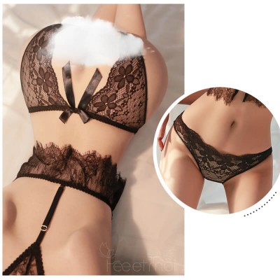 FEE ET MOI - Floral Lace Open-Crotch Women Panties (Black)