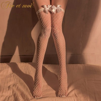 FEE ET MOI Bow Thigh High Net Stockings (White)