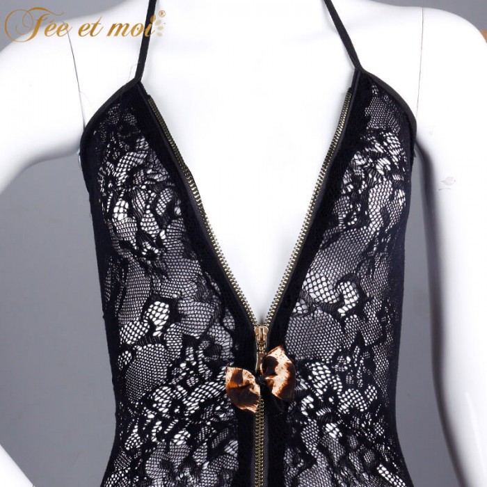 FEE ET MOI Sexy Leopard Print Suspender Fishnet Bodysuit With Stockings (Black) FEE ET MOI Sexy Leopard Print Suspender Fishnet Bodysuit With Stockings (Black)