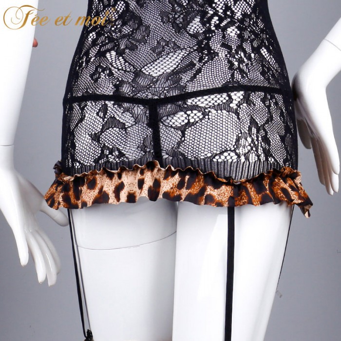 FEE ET MOI Sexy Leopard Print Suspender Fishnet Bodysuit With Stockings (Black) FEE ET MOI Sexy Leopard Print Suspender Fishnet Bodysuit With Stockings (Black)