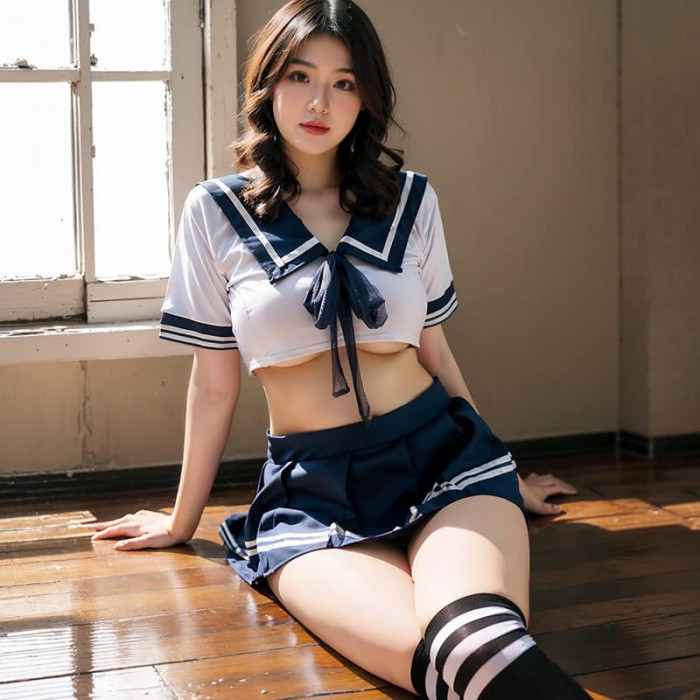 FEE ET MOI - Innocent Waist-revealing Schoolgirl Uniform (Plus Size - Blue) FEE ET MOI - Innocent Waist-revealing Schoolgirl Uniform (Plus Size - Blue)