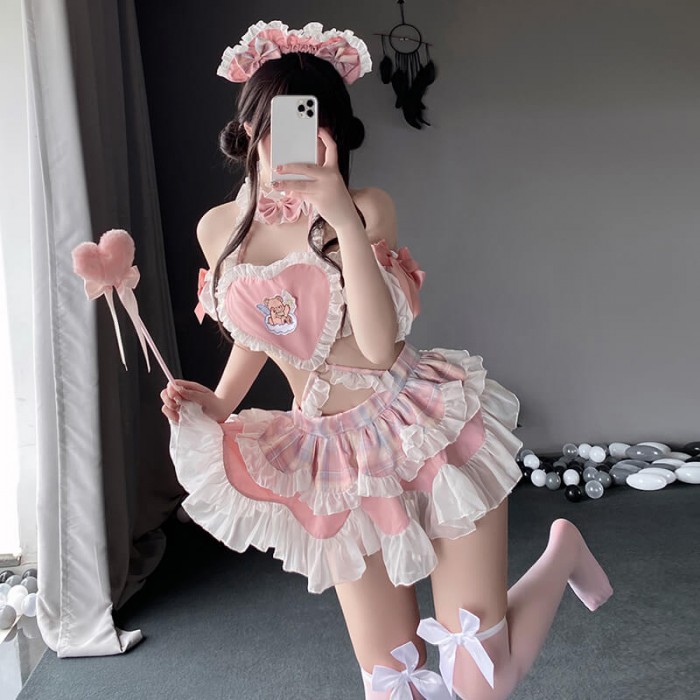 FEE ET MOI - Cute Maid Heart-Shaped Backless Dress With Stockings (Pink - White) FEE ET MOI - Cute Maid Heart-Shaped Backless Dress With Stockings (Pink - White)