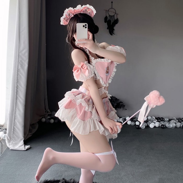 FEE ET MOI - Cute Maid Heart-Shaped Backless Dress With Stockings (Pink - White) FEE ET MOI - Cute Maid Heart-Shaped Backless Dress With Stockings (Pink - White)