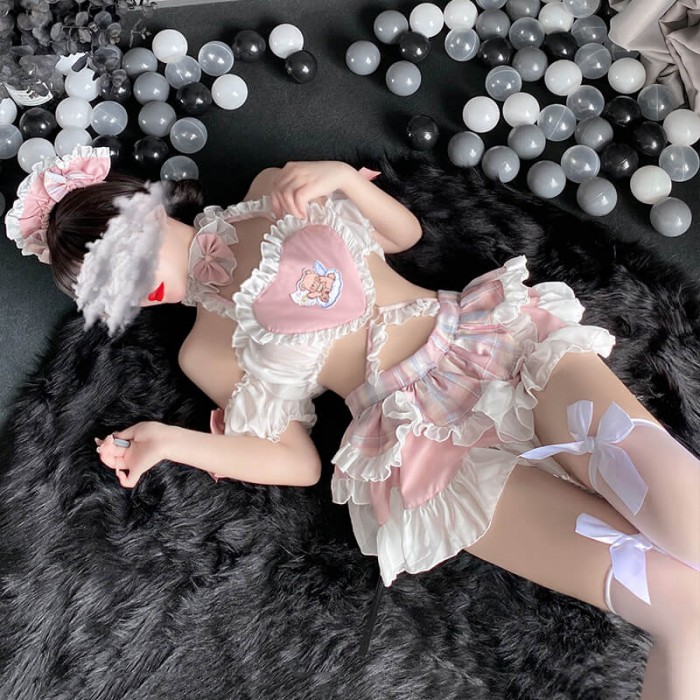 FEE ET MOI - Cute Maid Heart-Shaped Backless Dress With Stockings (Pink - White) FEE ET MOI - Cute Maid Heart-Shaped Backless Dress With Stockings (Pink - White)