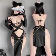 FEE ET MOI - Sexy Catwoman Bodysuit Includes Headband And Stockings (Black)