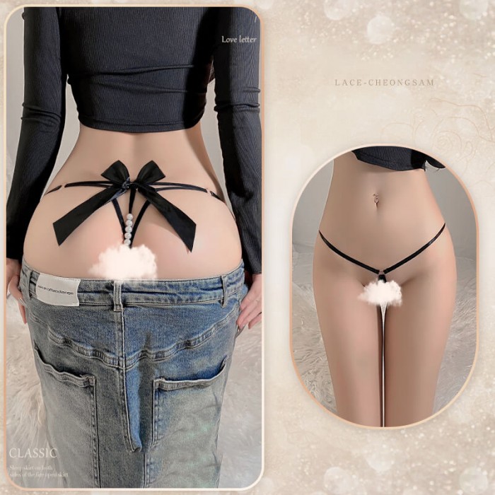 FEE ET MOI - Romantic Bow Beaded Open-Crotch Panties (Black) FEE ET MOI - Romantic Bow Beaded Open-Crotch Panties (Black)
