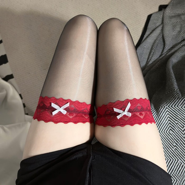 FEE ET MOI - Lace Butterfly Silky Gloss Thigh Highs Stocking (Black - Red) FEE ET MOI - Lace Butterfly Silky Gloss Thigh Highs Stocking (Black - Red)