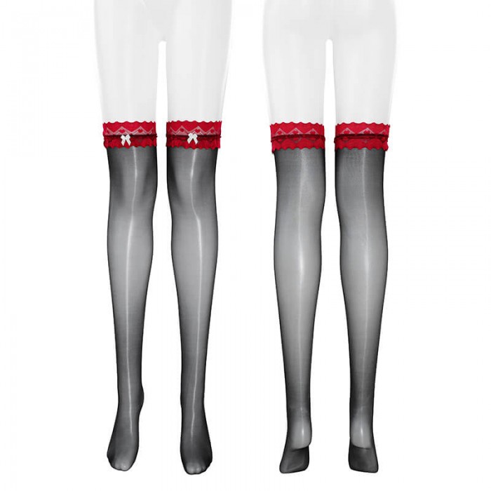 FEE ET MOI - Lace Butterfly Silky Gloss Thigh Highs Stocking (Black - Red) FEE ET MOI - Lace Butterfly Silky Gloss Thigh Highs Stocking (Black - Red)