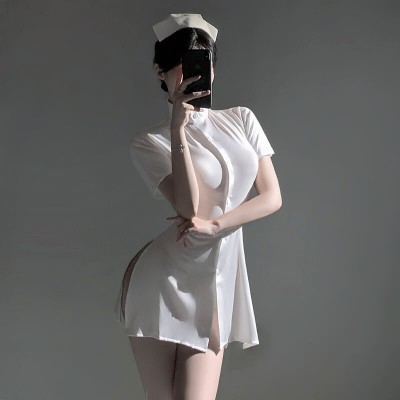 FEE ET MOI - Restrained Desire Lace-Up Waist Nurse Dress (White)