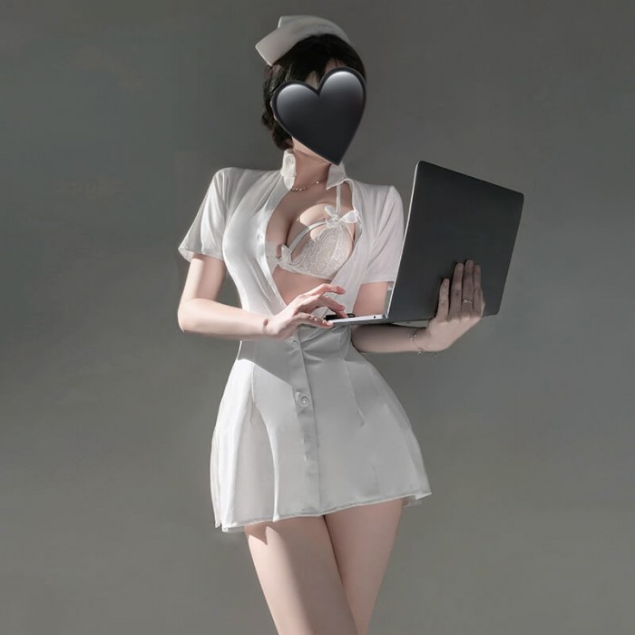 FEE ET MOI - Restrained Desire Lace-Up Waist Nurse Dress (White) FEE ET MOI - Restrained Desire Lace-Up Waist Nurse Dress (White)