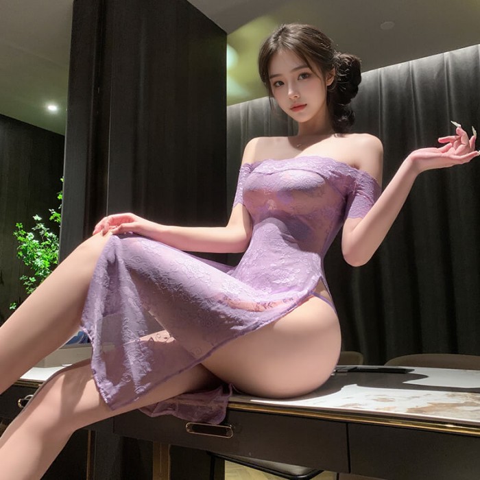 FEE ET MOI - Sheer Rose Off-Shoulder Cheongsam (Purple) FEE ET MOI - Sheer Rose Off-Shoulder Cheongsam (Purple)
