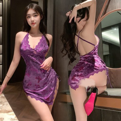 FEE ET MOI - Butterfly Print Deep V Velvet Dress (Purple)