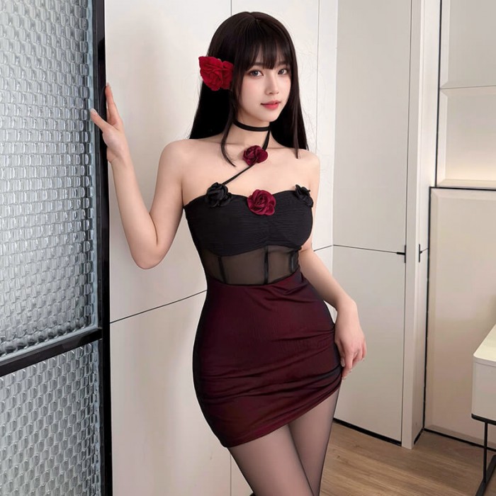 FEE ET MOI - Midnight Red Rose Hot Bodycon Dress (Black - Red) FEE ET MOI - Midnight Red Rose Hot Bodycon Dress (Black - Red)