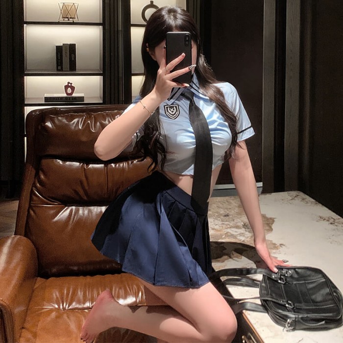FEE ET MOI - Cropped Top Pleated Skirt Schoolgirl Outfit (Blue - Green) FEE ET MOI - Cropped Top Pleated Skirt Schoolgirl Outfit (Blue - Green)