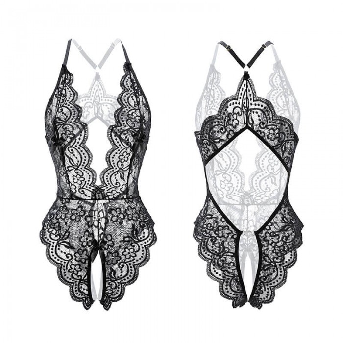 FEE ET MOI - Deep V Lace Open-Crotch Bodysuit (Plus Size - Black) FEE ET MOI - Deep V Lace Open-Crotch Bodysuit (Plus Size - Black)