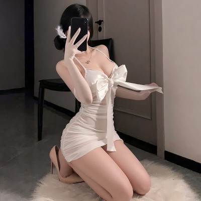 FEE ET MOI - Bow-Decorated Ruched Sheer Nightdress (White) FEE ET MOI - Bow-Decorated Ruched Sheer Nightdress (White)