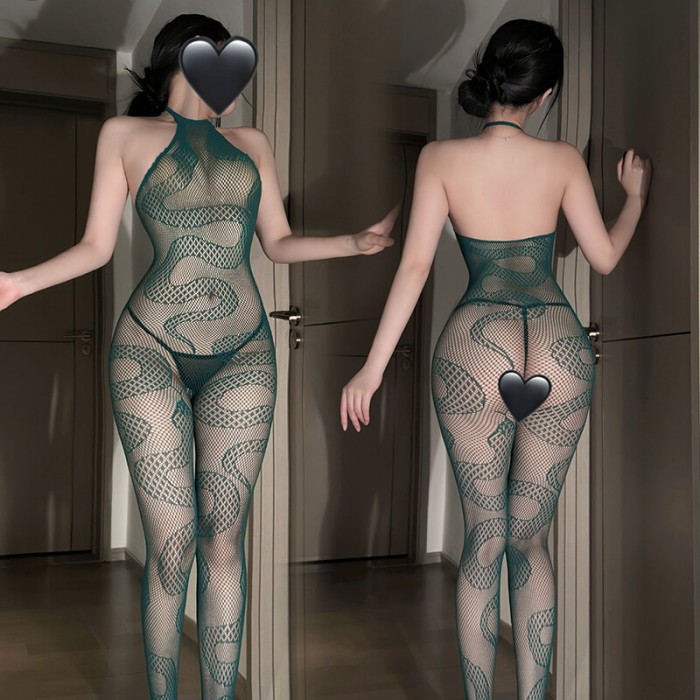 FEE ET MOI - Sheer Snake-Pattern Jacquard Bodystocking (Green)