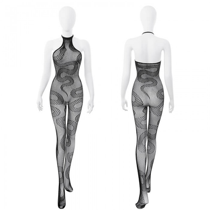 FEE ET MOI - Sheer Snake-Pattern Jacquard Bodystocking (Black)