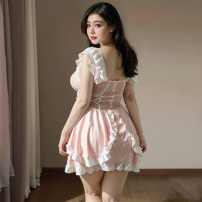 FEE ET MOI - Sweet Mesh Sheer Chest Soft Maid Outfit (Plus Size - Pink White) FEE ET MOI - Sweet Mesh Sheer Chest Soft Maid Outfit (Plus Size - Pink White)