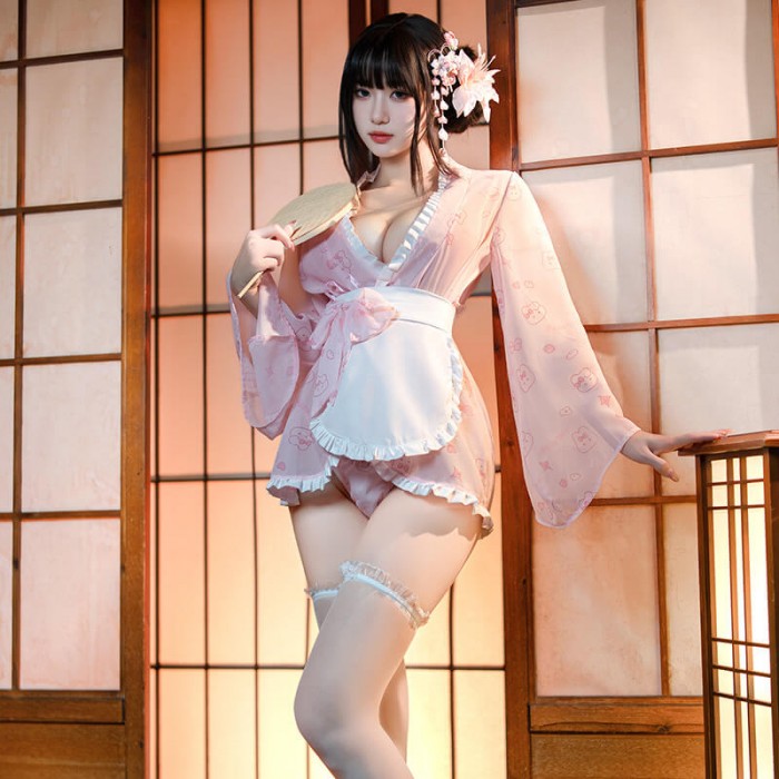 FEE ET MOI - Playful Bunny Print Kimono Robe (Pink - White) FEE ET MOI - Playful Bunny Print Kimono Robe (Pink - White)