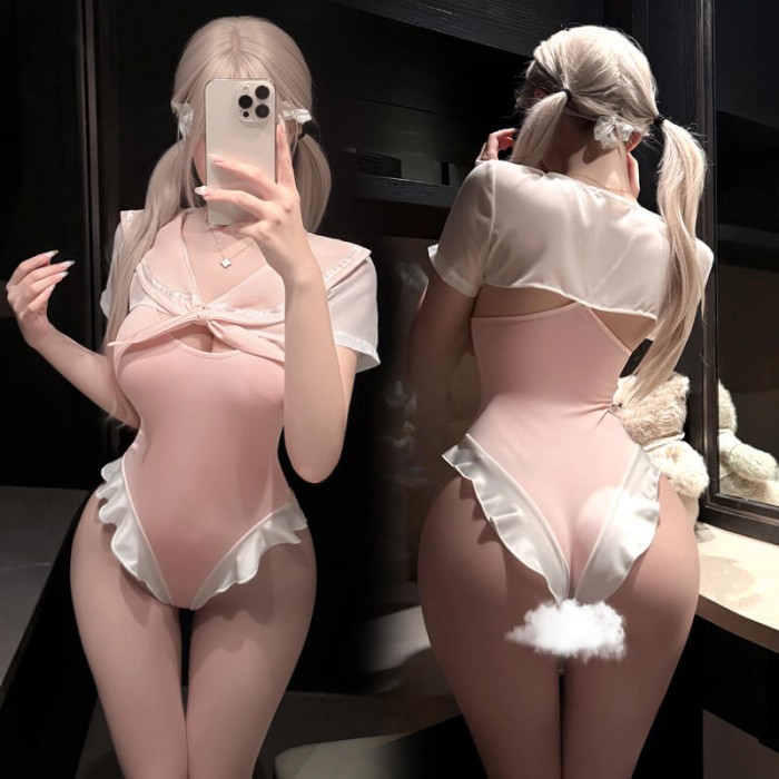 FEE ET MOI - Naughty Sailor Crotchless Bodysuit Set (Pink - White)